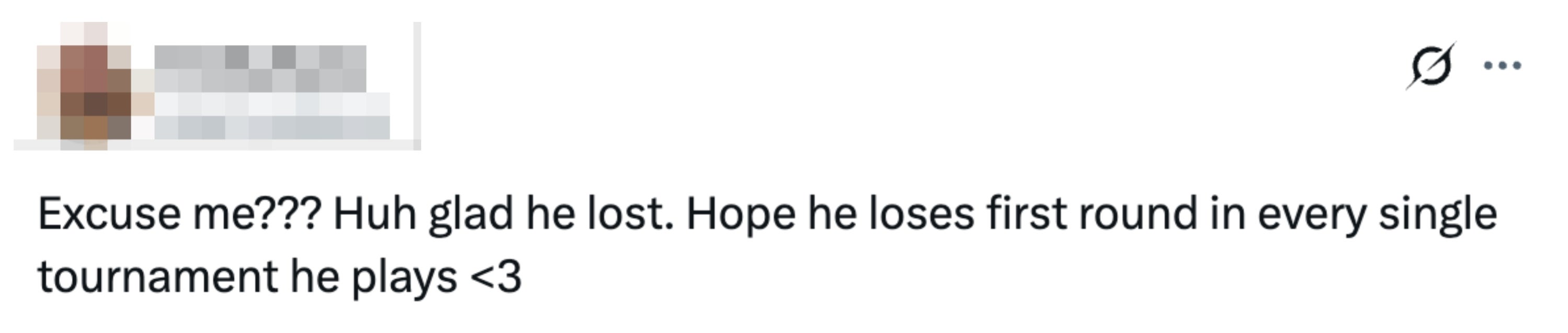 Tweet som uttrykker motvilje mot en sportsspiller, og ønsker tap i fremtidige turneringer