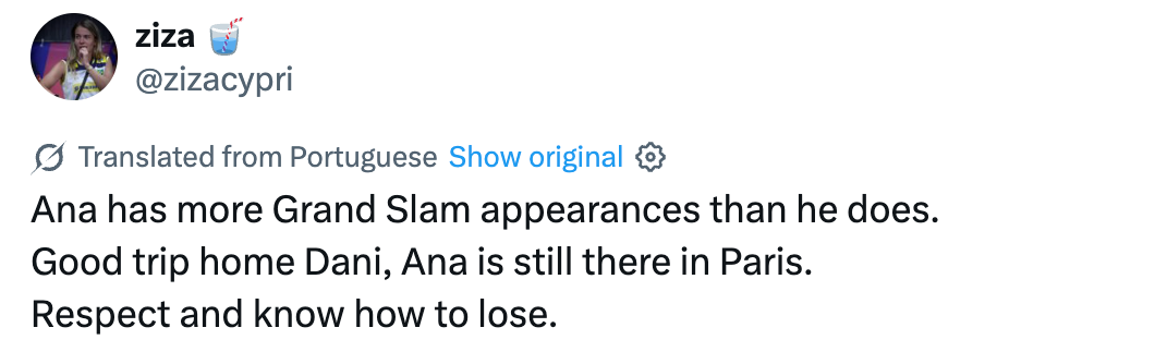Tweet som kritiserer Dani for å tape, noterer Anas Grand Slam-opptredener og å være i Paris. Råder om respekt og å vite hvordan man taper