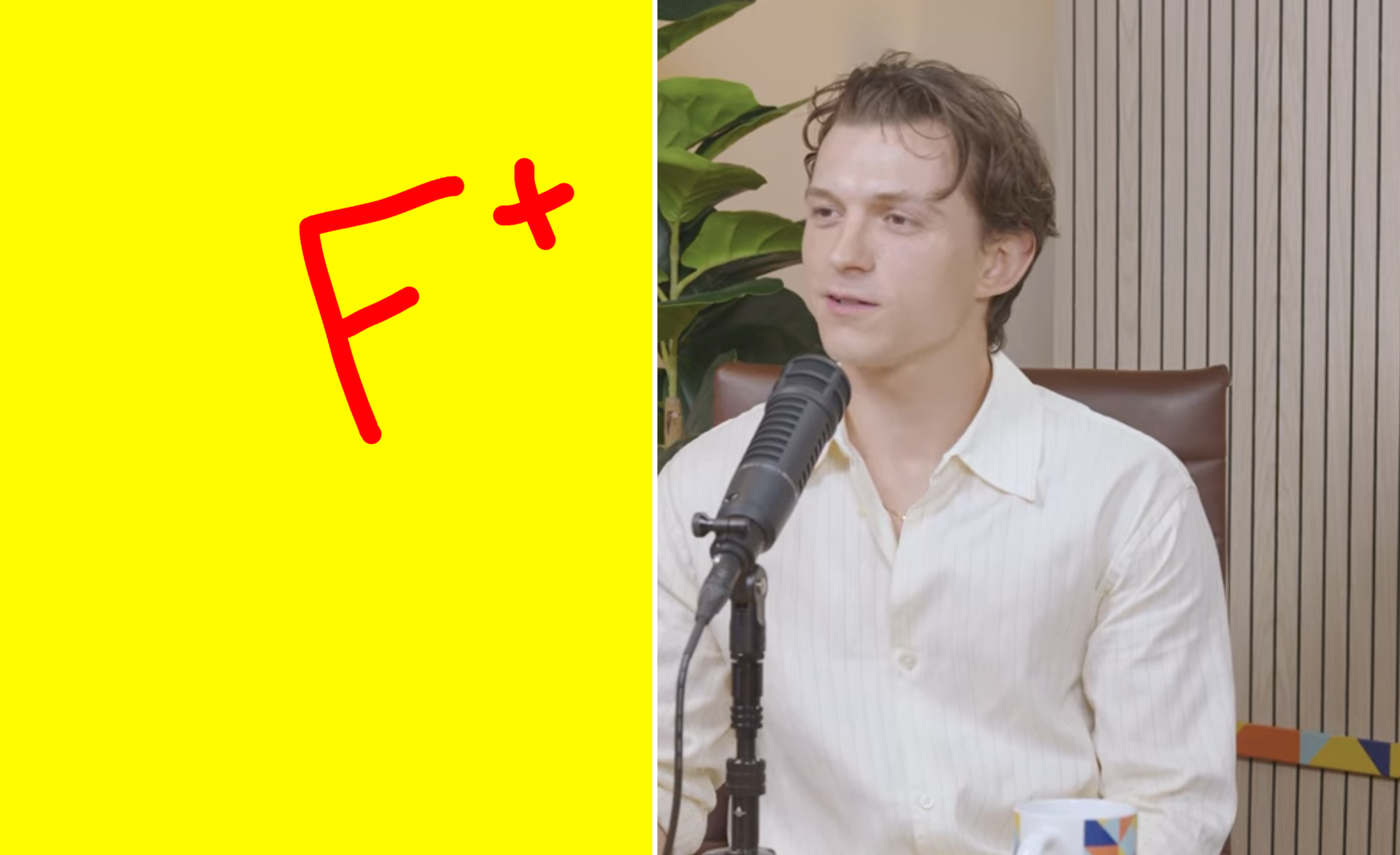 Person speaking into a microphone during an interview. On the left, a large "F+" is written
