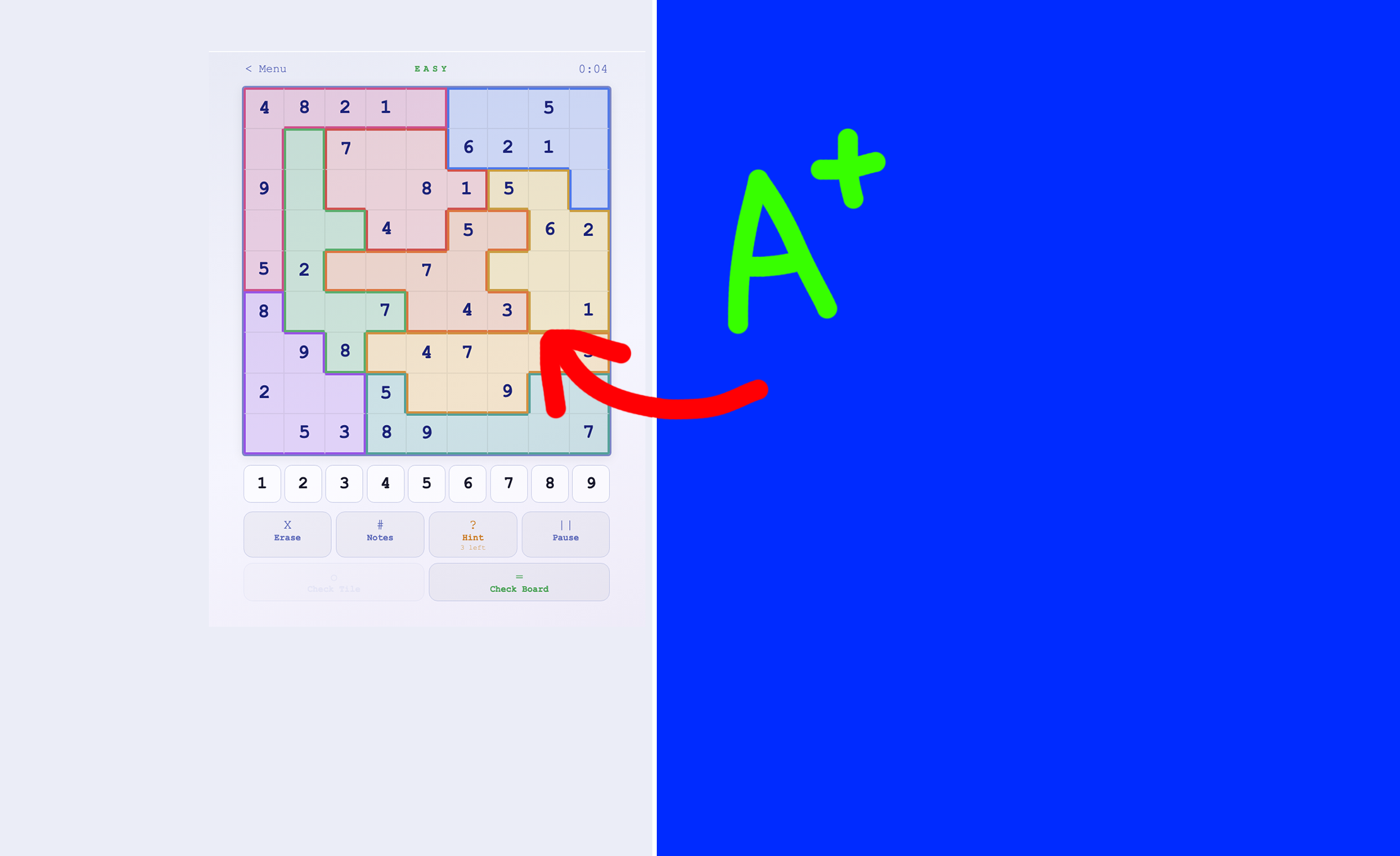 Puzzle game screenshot with numbered grid and colorful sections. A red arrow points to the grid with “A+” written in green on the blue background