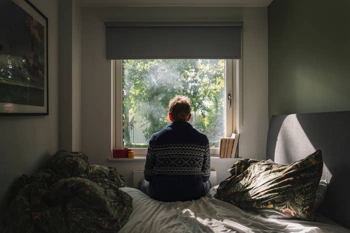 Person sitting connected  bed, facing a model   with greenery outside, wearing a patterned sweater. Room is softly  lit by earthy  light