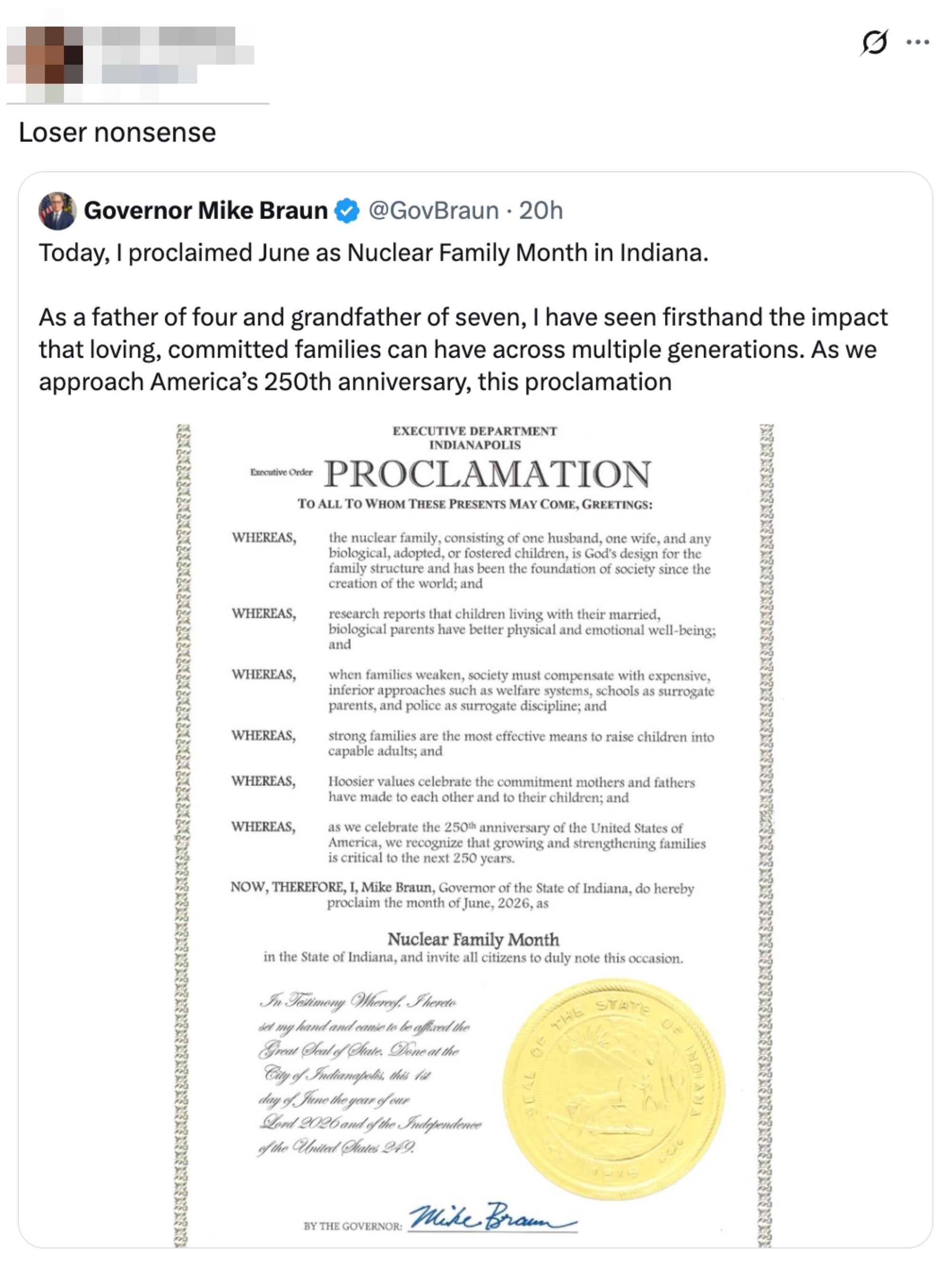 En tweet merket som "Taper-tull" kritiserer en offisiell proklamasjon fra guvernør Mike Braun som erklærer juni som kjernefamiliemåned i Indiana