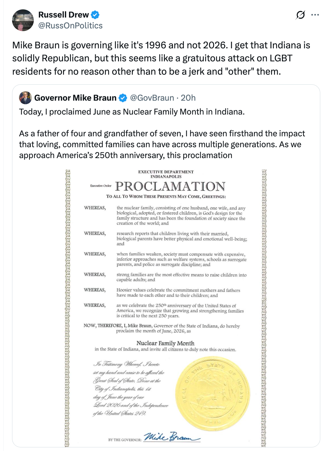 Tweet som kritiserer guvernør Mike Brauns proklamasjon av juni som kjernefamiliemåned, og fremhever opplevd negativ innvirkning på LHBT-innbyggere