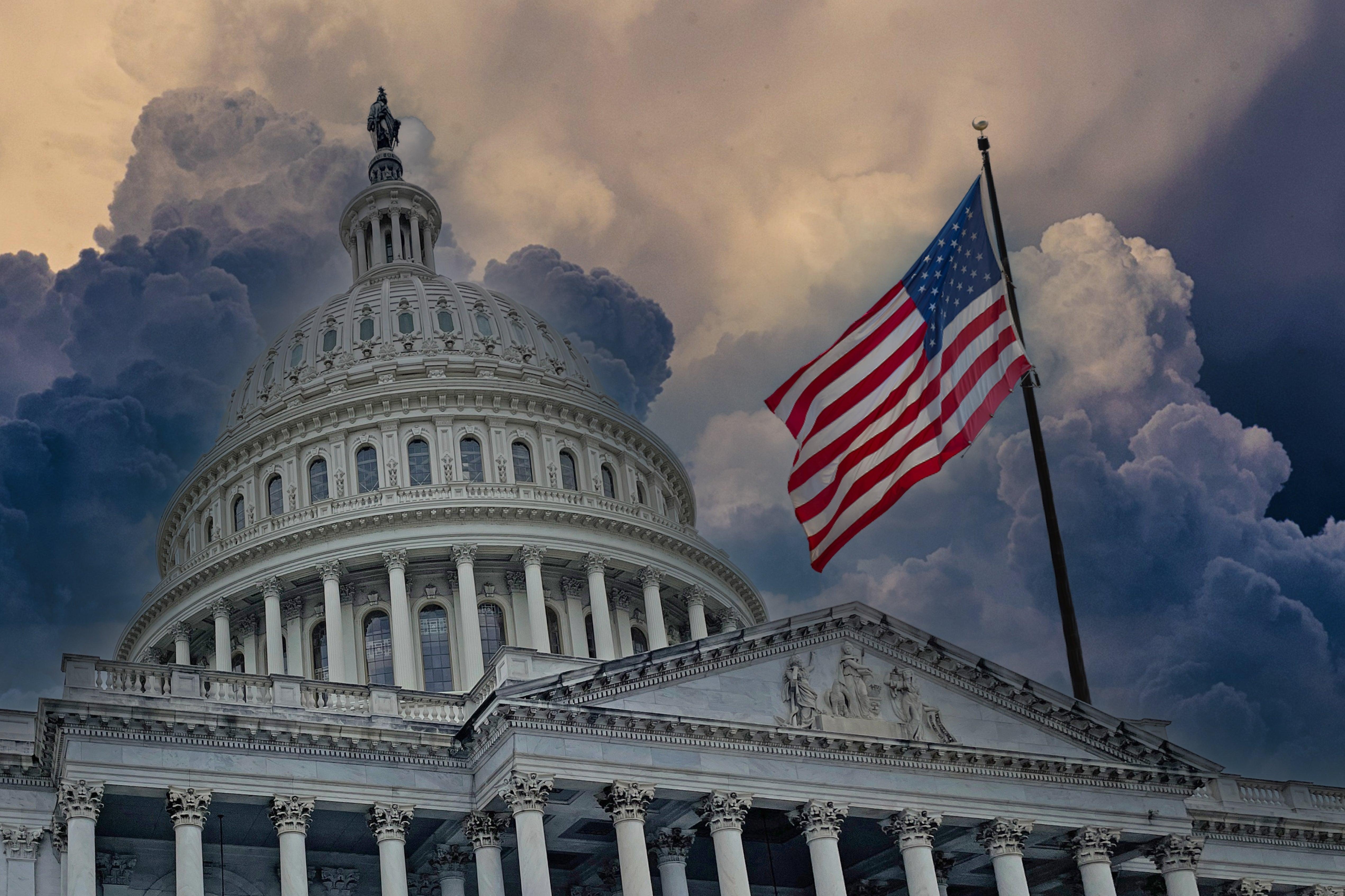 U.S. Capitol gathering with an American emblem flying against a melodramatic cloudy sky