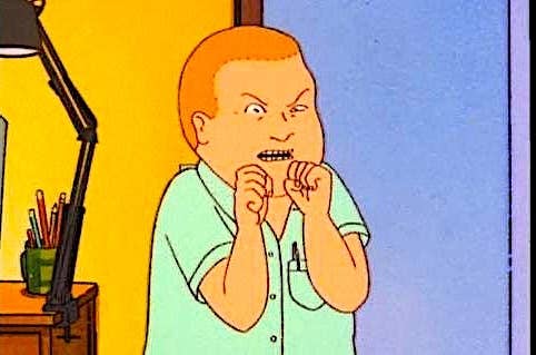 Animated quality  Bobby Hill, clenching fists successful  frustration, lasting  successful  a country   with a table  lamp and pencils disposable   successful  the background