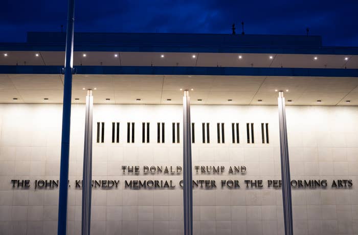 Exterior of the John F. Kennedy Memorial Center for the Performing Arts with columns and an evening sky