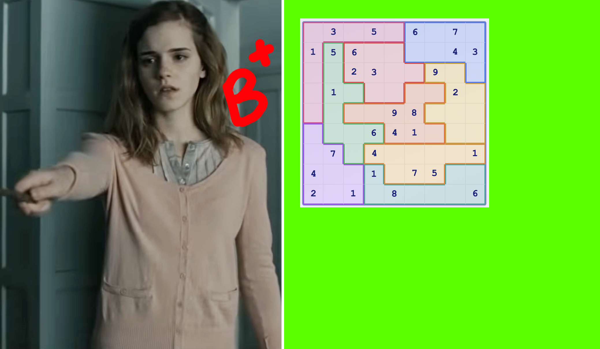 A person in a cardigan with hand outstretched, next to a complex numbered puzzle grid, with a "B+" grade symbol