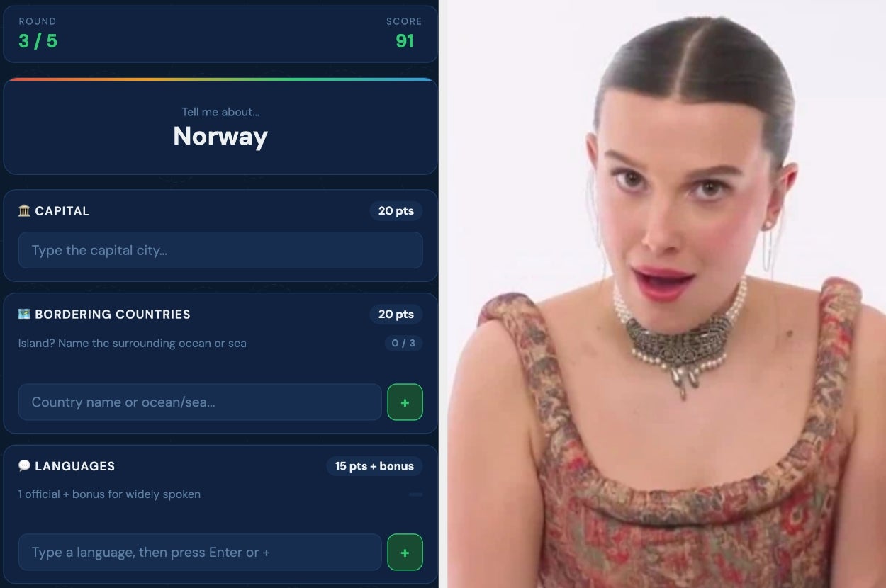Quiz interface with "Norway" as the topic; a person with an expressive look and intricate clothing style on the right