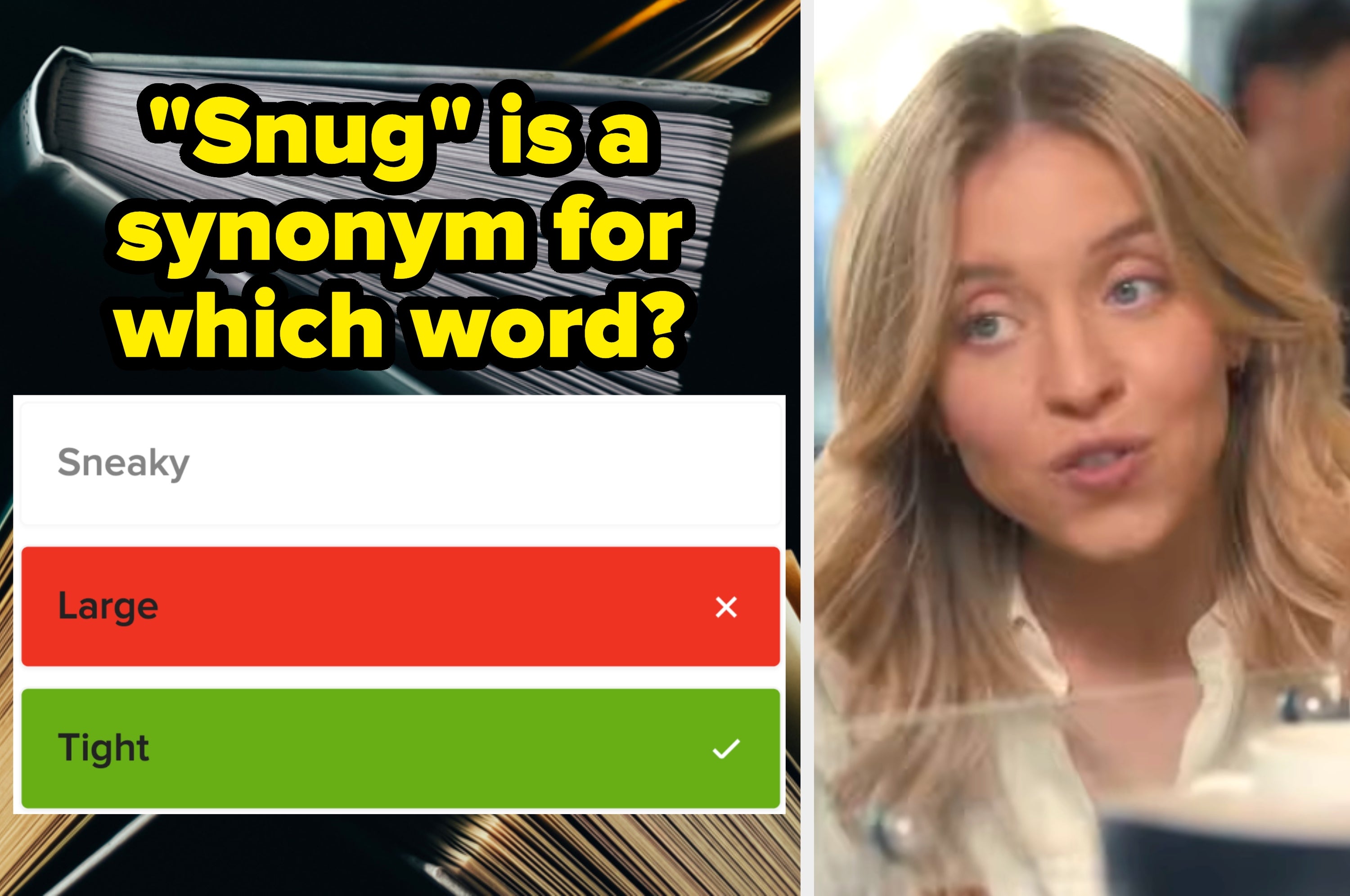 Quiz question about "Snug" as a synonym for "Tight," with an incorrect answer highlighted as "Large."