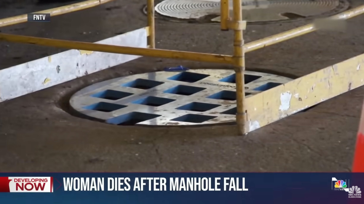 News graphic showing a manhole with constabulary  barriers; caption reports a woman's decease  aft  falling into the manhole