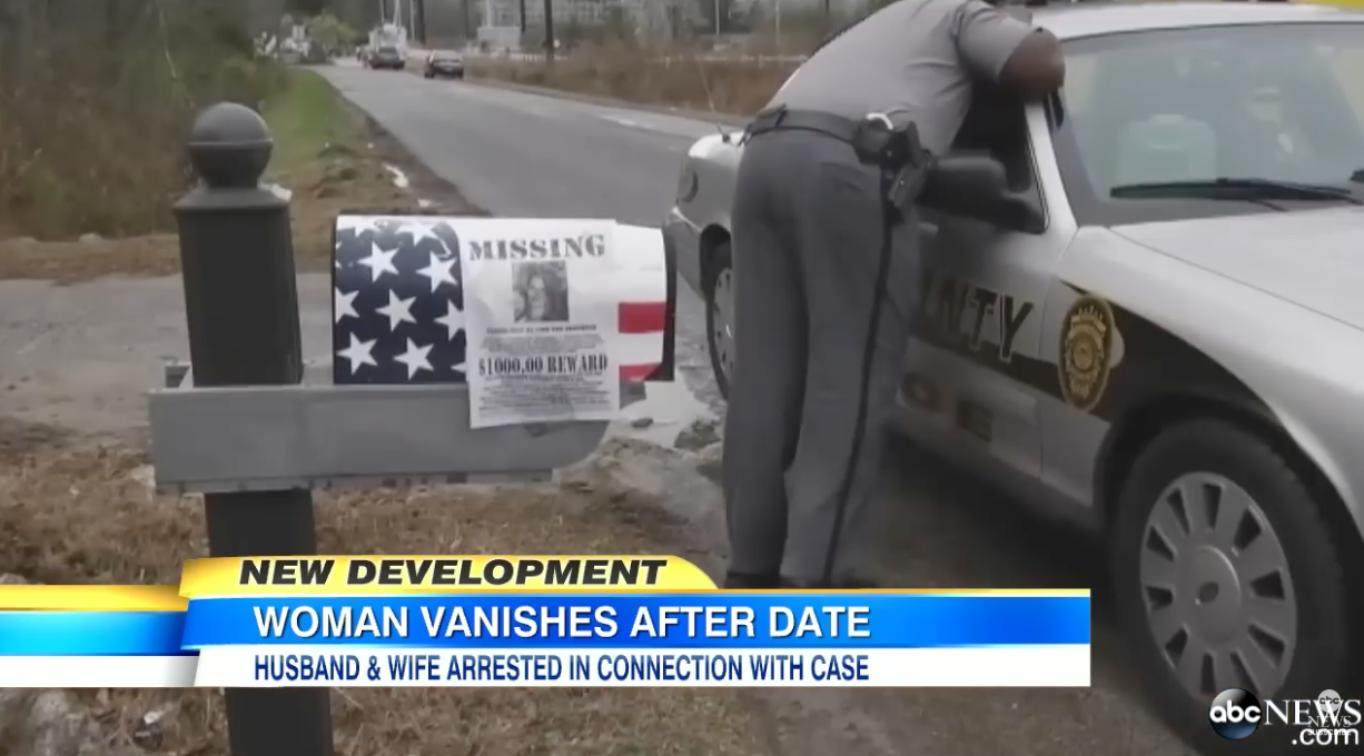 Police serviceman  leans connected  patrol car   adjacent  to mailbox with a missing idiosyncratic   poster, ABC News banner reports pistillate   vanished aft  date