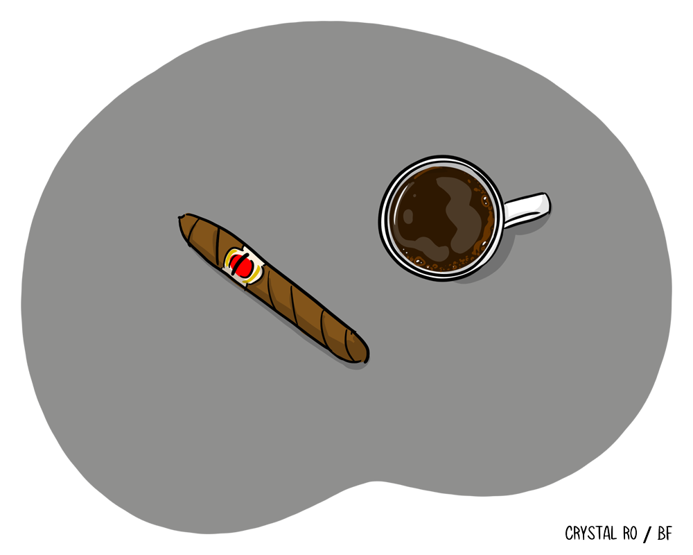Illustration of a cupful  of java  beside a cigar connected  a grey  surface