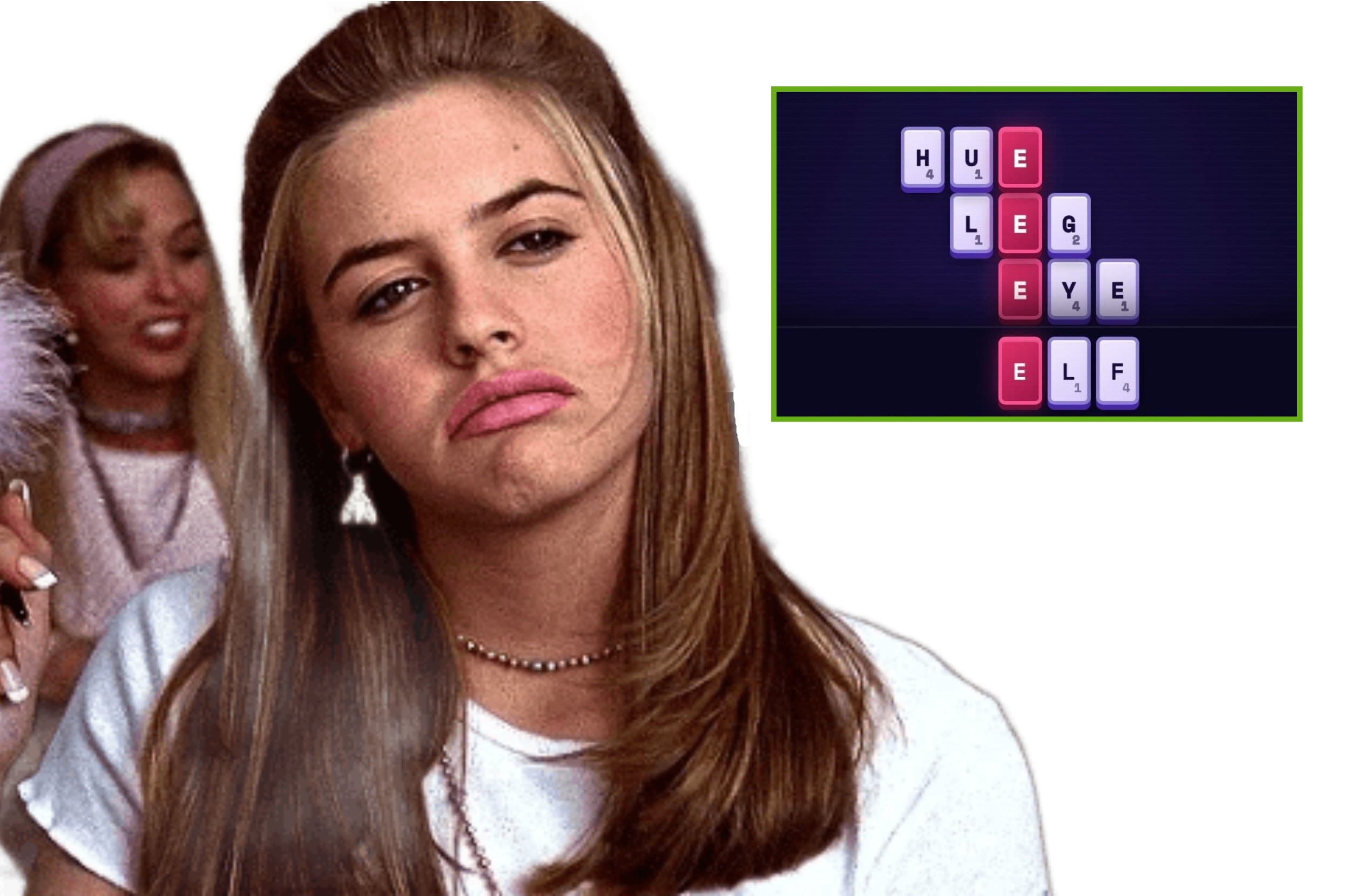 Person with long hair looks displeased. Inset shows a word puzzle game with tiles spelling "HUE," "LEG," "EYE," and "ELF."