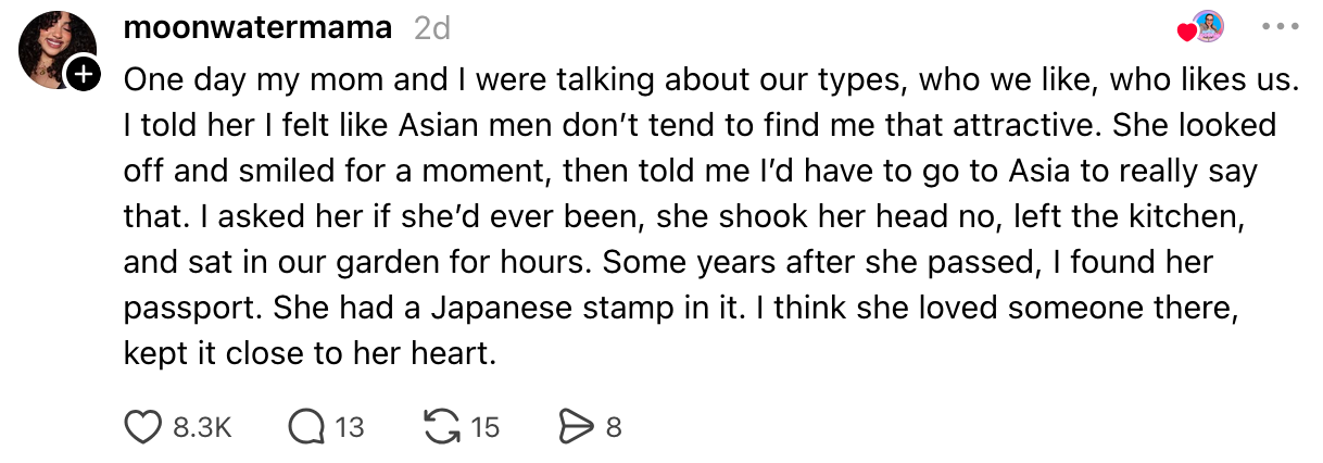 Summary of a woman's reflection   connected  a speech  with her ma  astir  attraction, revealing the mom's hidden transportation  to Japan aft  her passing