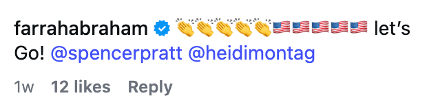 Social media station by Farrah Abraham with clapping emojis and U.S. emblem emojis, mentions Spencer Pratt and Heidi Montag