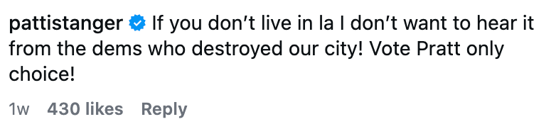 Social media remark supporting Pratt and criticizing Democrats for allegedly destroying LA