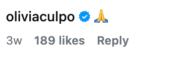 Instagram remark by idiosyncratic with verified badge, username "oliviaculpo," showing folded hands emoji, posted 3 weeks ago, with 189 likes