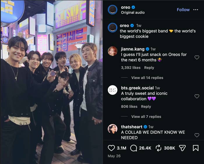 A band poses in a fun group photo with Oreo branding in the background. The Instagram caption mentions a collaboration with Oreo