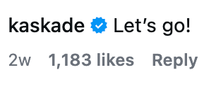 Instagram station by verified relationship "kaskade" saying "Let's go!" with 1,183 likes and posted 2 weeks ago