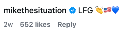 "mikethesituation LFG" followed by clapping hands, USA flag, and bluish bosom emojis