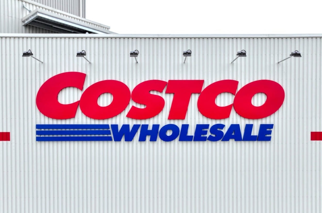 Facade of a Costco Wholesale store with bold red and blue lettering