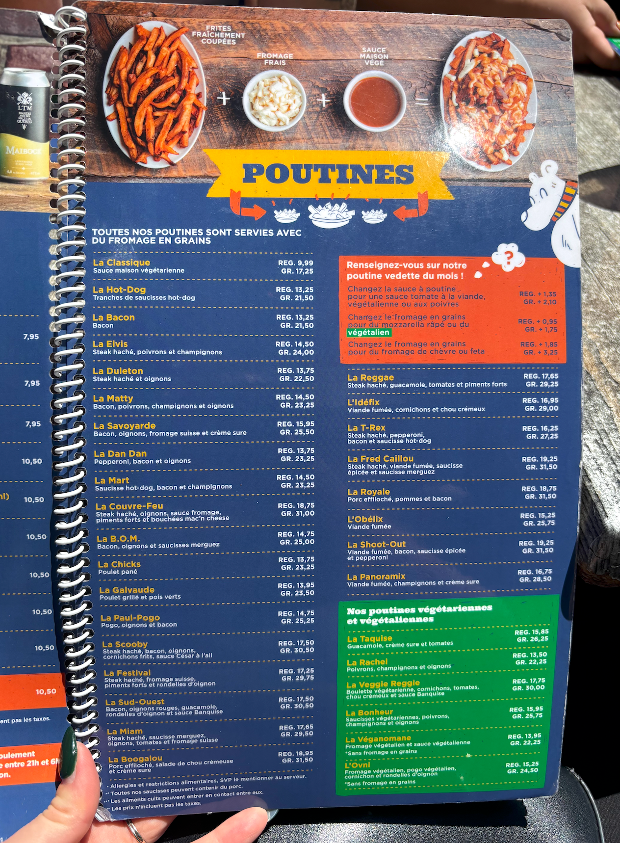 Menu leafage featuring assorted poutine options with descriptions and prices. Includes a specials conception and allergen information