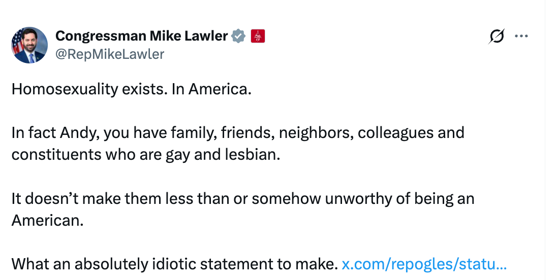 Bildet er en tweet av kongressmedlem Mike Lawler som kritiserer en uttalelse fra Andy, som forsvarer eksistensen og aksepten til LHBTQ+-individer i Amerika