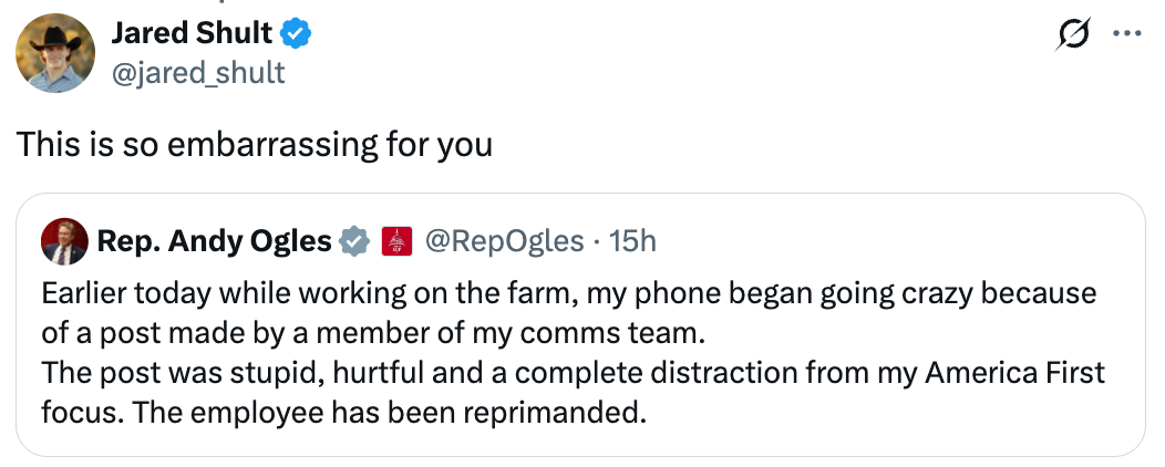 Tweet av representant Andy Ogles ber om unnskyldning for et pinlig, sårende innlegg fra et kommunikasjonsteam som nevner korrigerende tiltak iverksatt