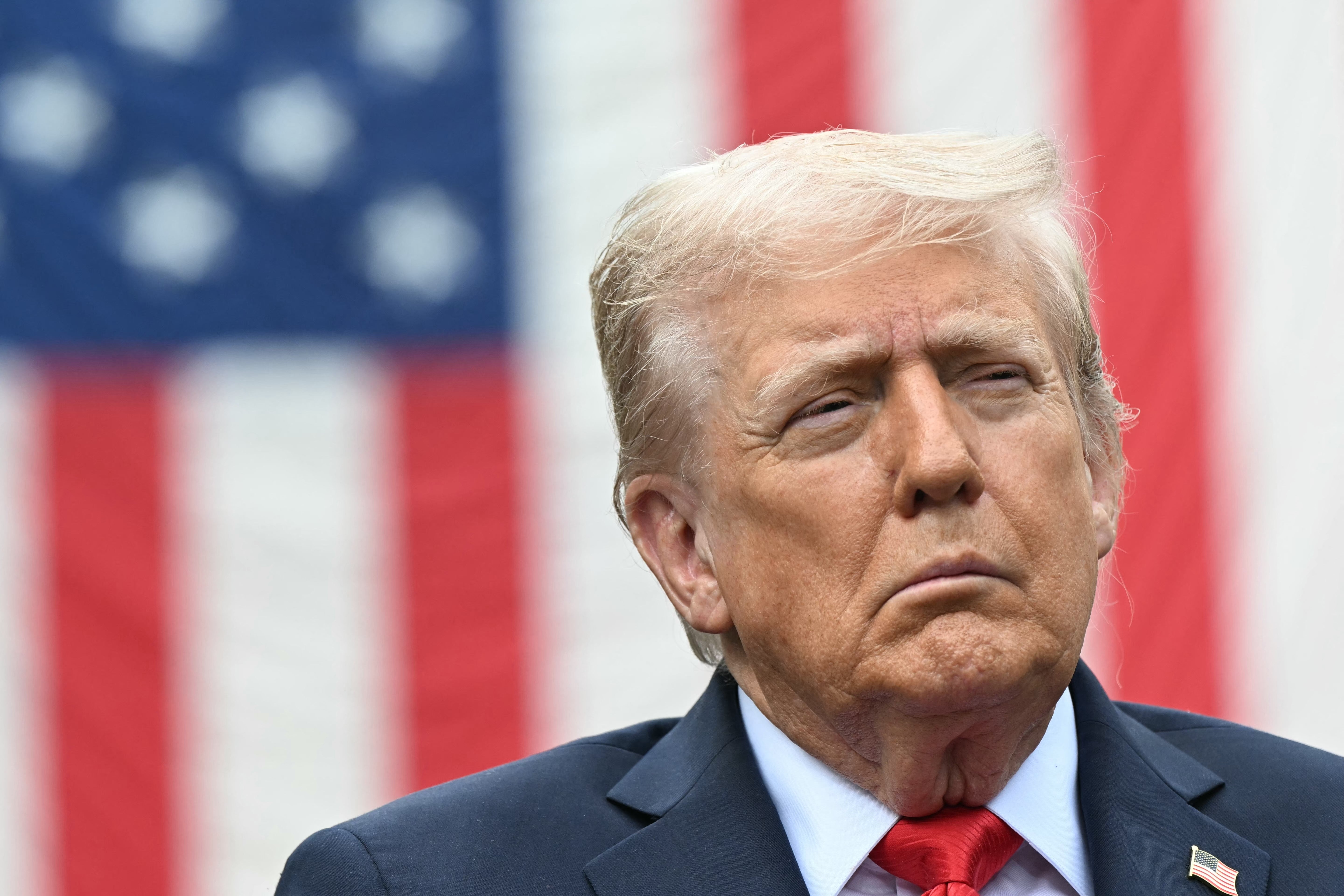 A idiosyncratic successful a suit stands successful beforehand of a ample American emblem backdrop, appearing thoughtful during a nationalist event