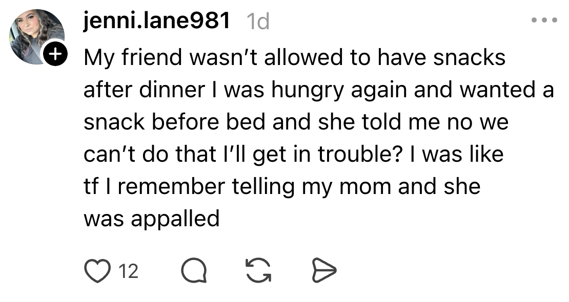 User shares a humorous representation of being denied a snack aft dinner, questioning wherefore it was problematic