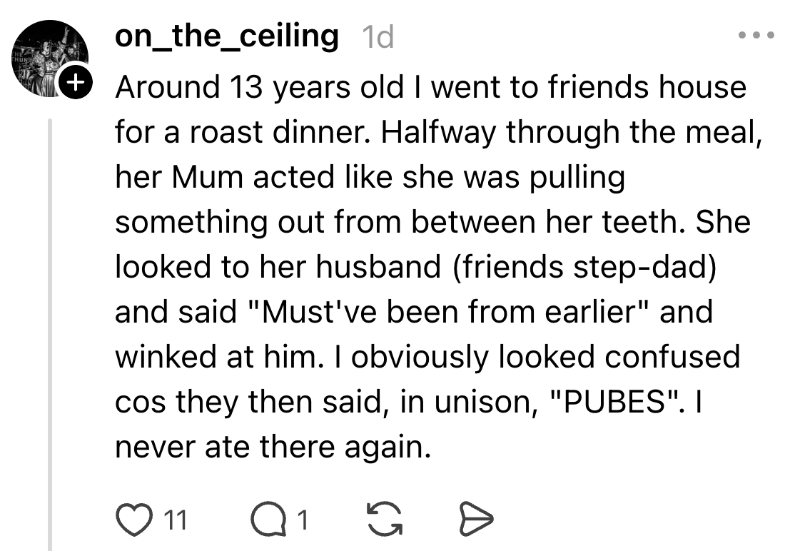 Social media station recounting an awkward meal acquisition involving nutrient stuck successful someone's teeth, ending with a humorous misunderstanding