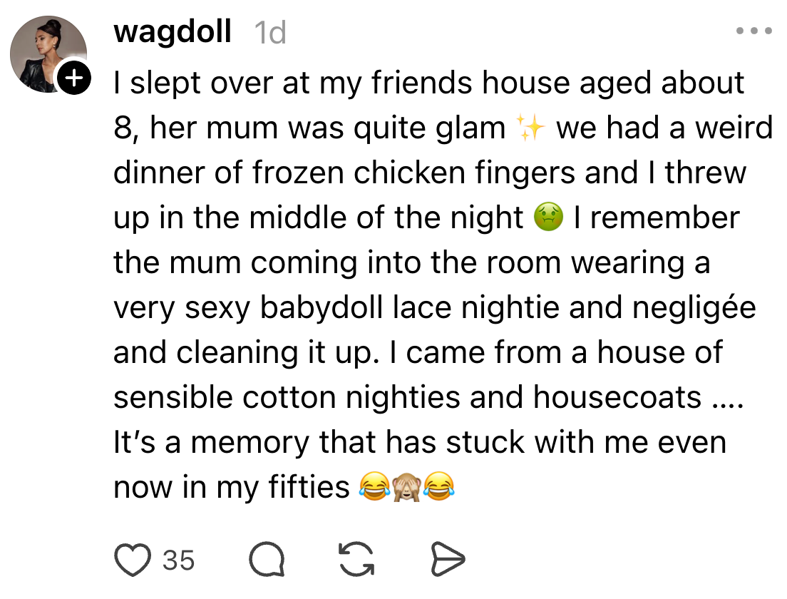 A idiosyncratic recalls a puerility representation of a friend's glamorous ma cleaning up aft they became sick from eating frozen chickenhearted fingers