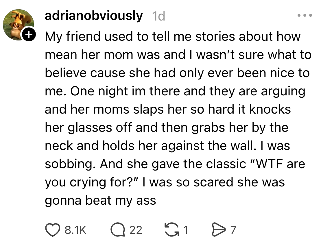 A societal media station recounting a communicative astir a friend's hard narration with her mother, starring to fearfulness and distress