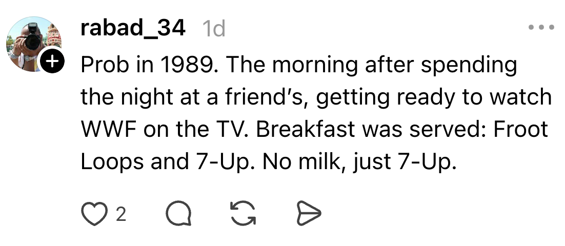 A societal media station reminisces astir a 1989 greeting watching WWF connected TV with meal of Froot Loops and 7-Up, with nary milk