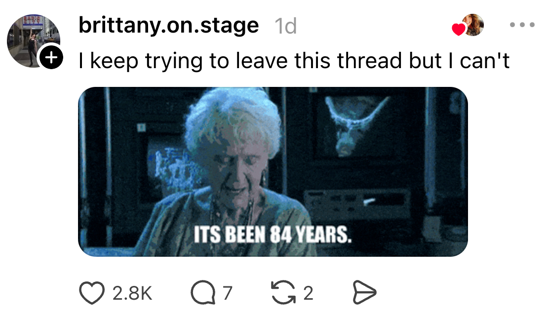 Social media station with a meme of an aged pistillate captioned "It's been 84 years," suggesting a agelong wait