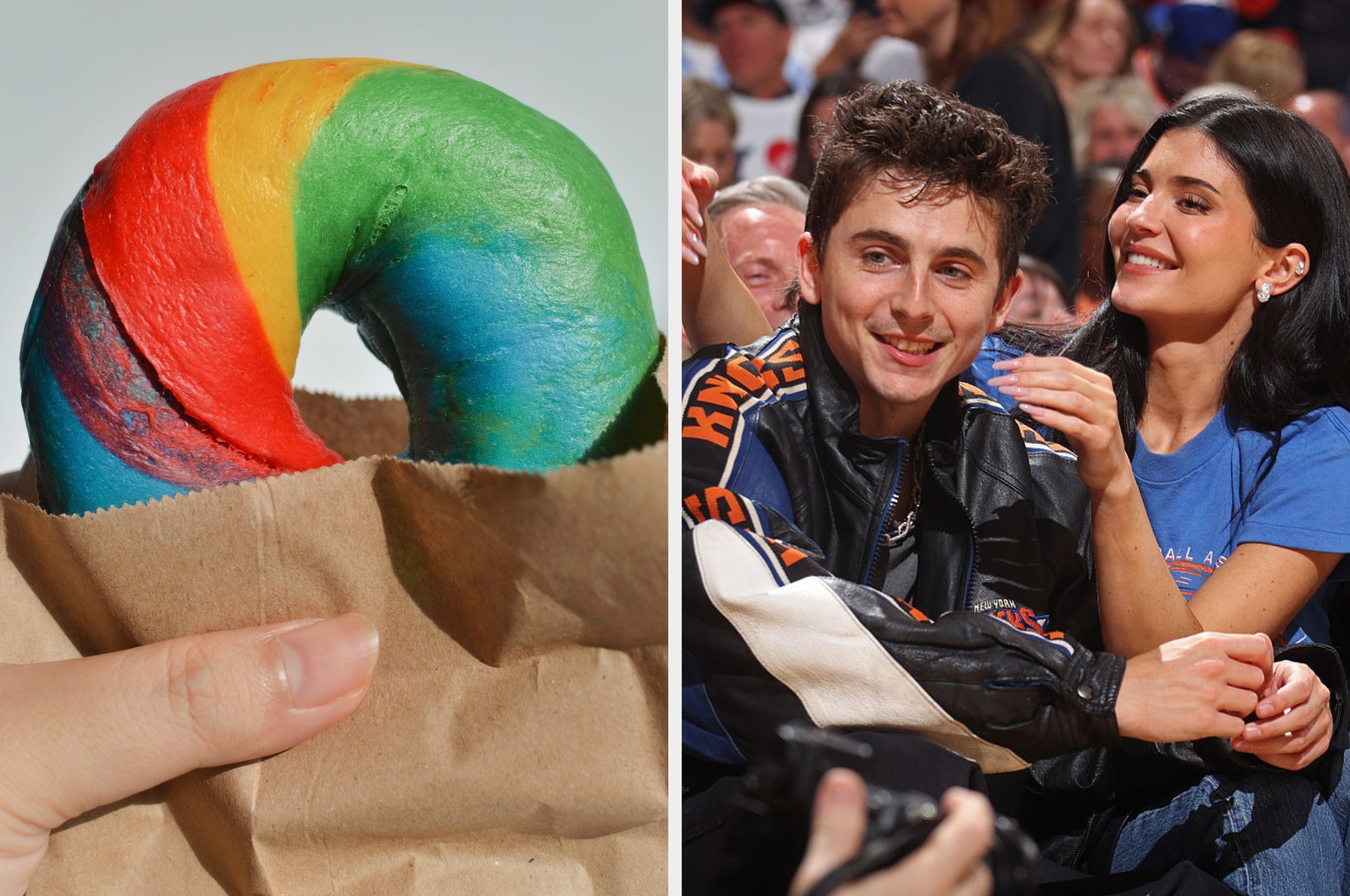 On the left, a hand holding a rainbow bagel in a paper bag, and on the right, Timothée Chalamet and Kylie Jenner smiling at a Knicks game