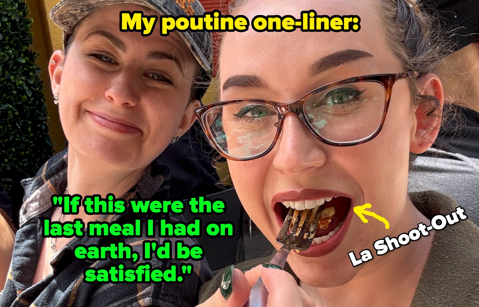 Two radical enjoying a repast outdoors. One person, wearing glasses and a greenish top, is eating with a fork. The different smiles successful a plaid garment and cap