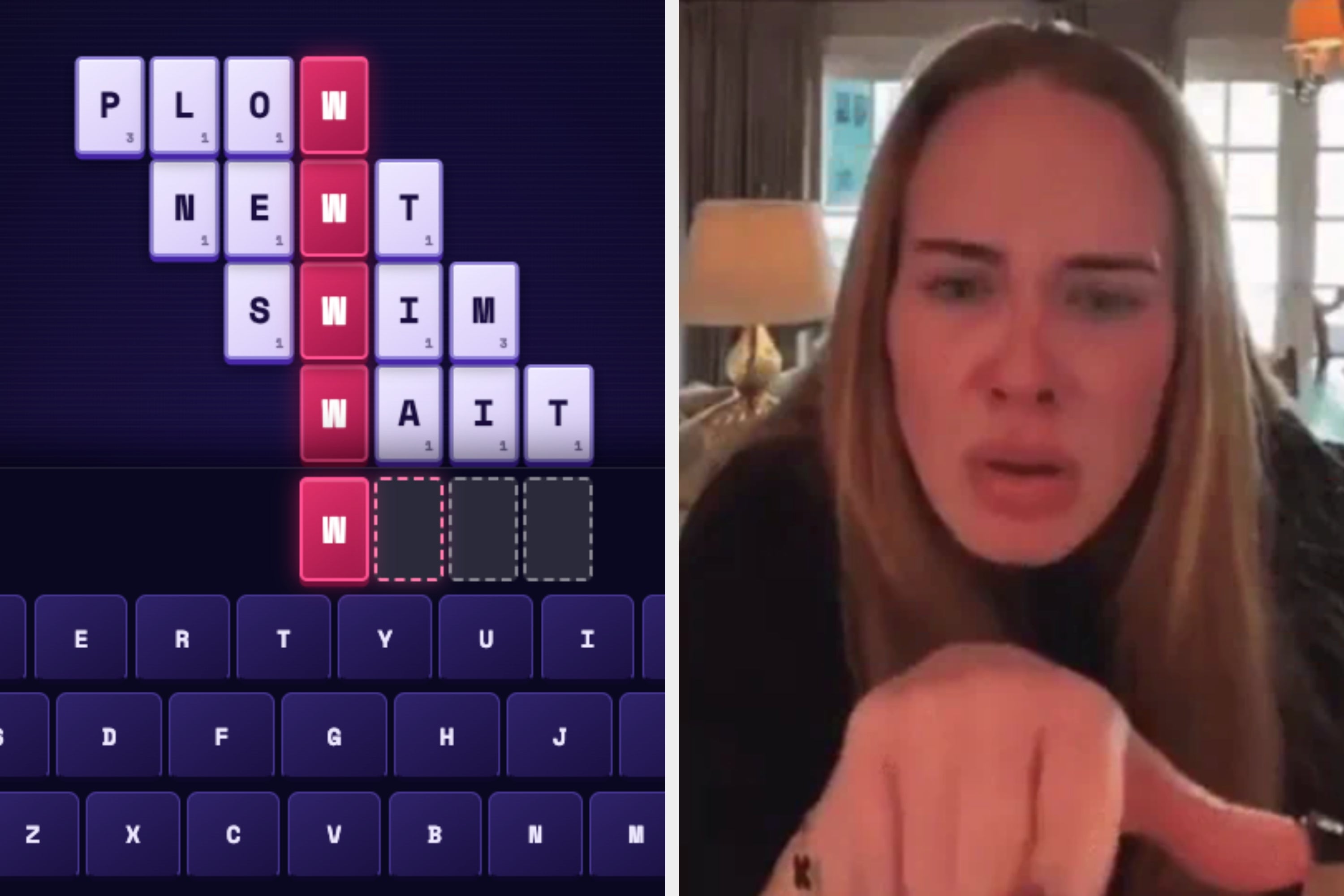 Split image: Left shows a Scrabble-like game grid with the word "ASK" forming, right shows Oprah looking thoughtful