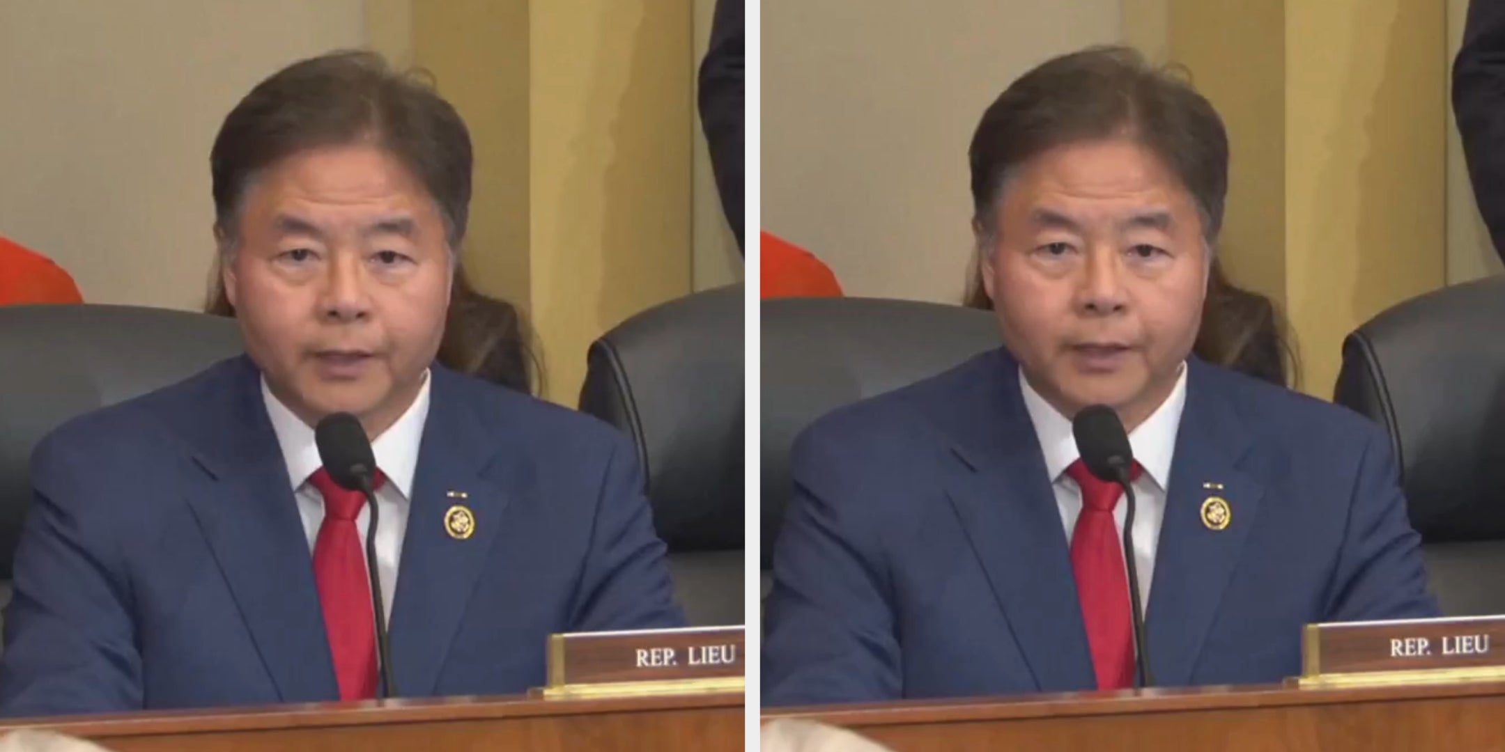 A idiosyncratic   successful  a suit   and necktie  speaks astatine  a authorities  meeting, seated down  a nameplate that reads "Rep. Lieu."