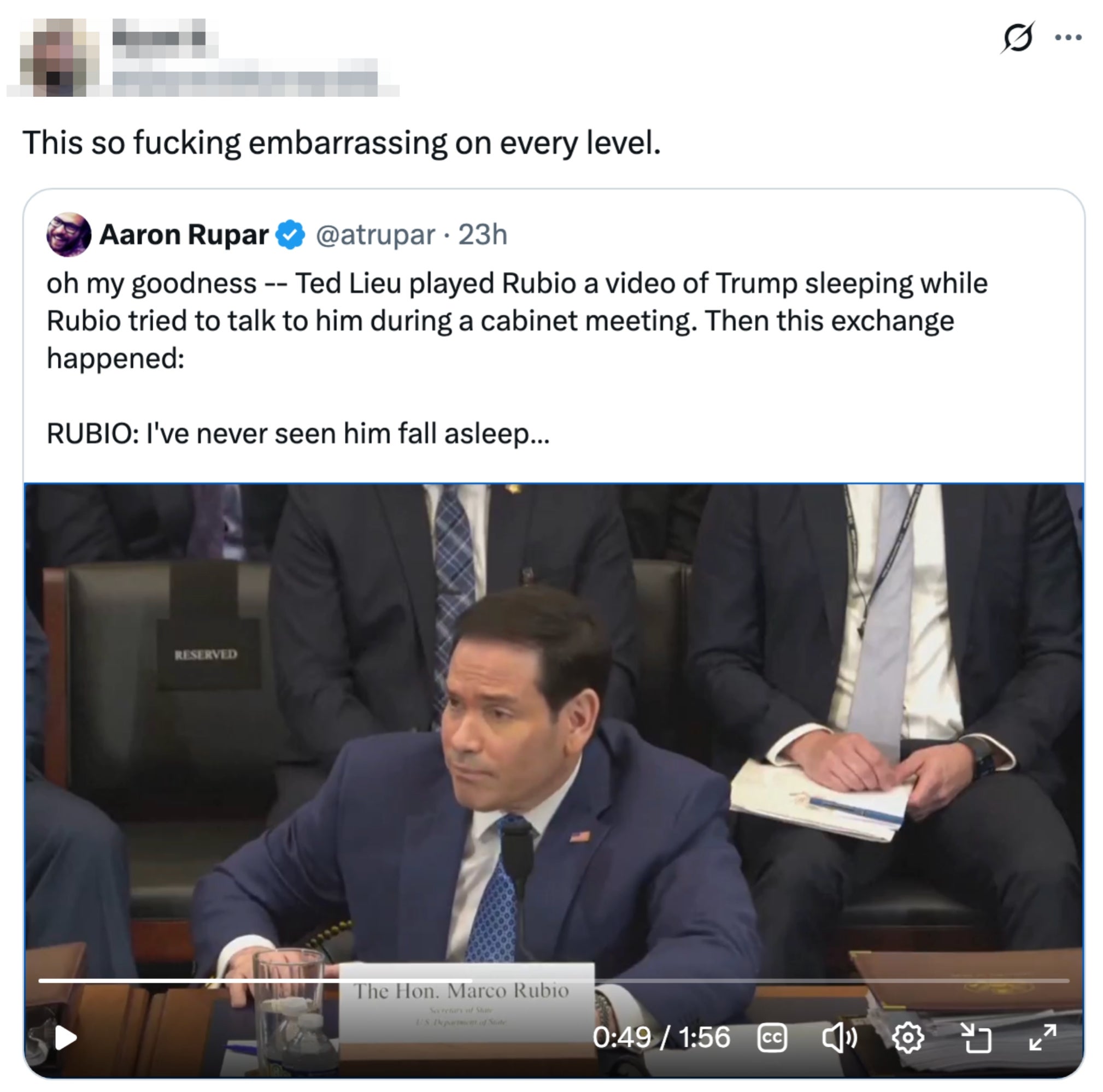 Tweet showing a video of Senator Marco Rubio successful  a meeting, with a idiosyncratic    commenting connected  its embarrassing nature