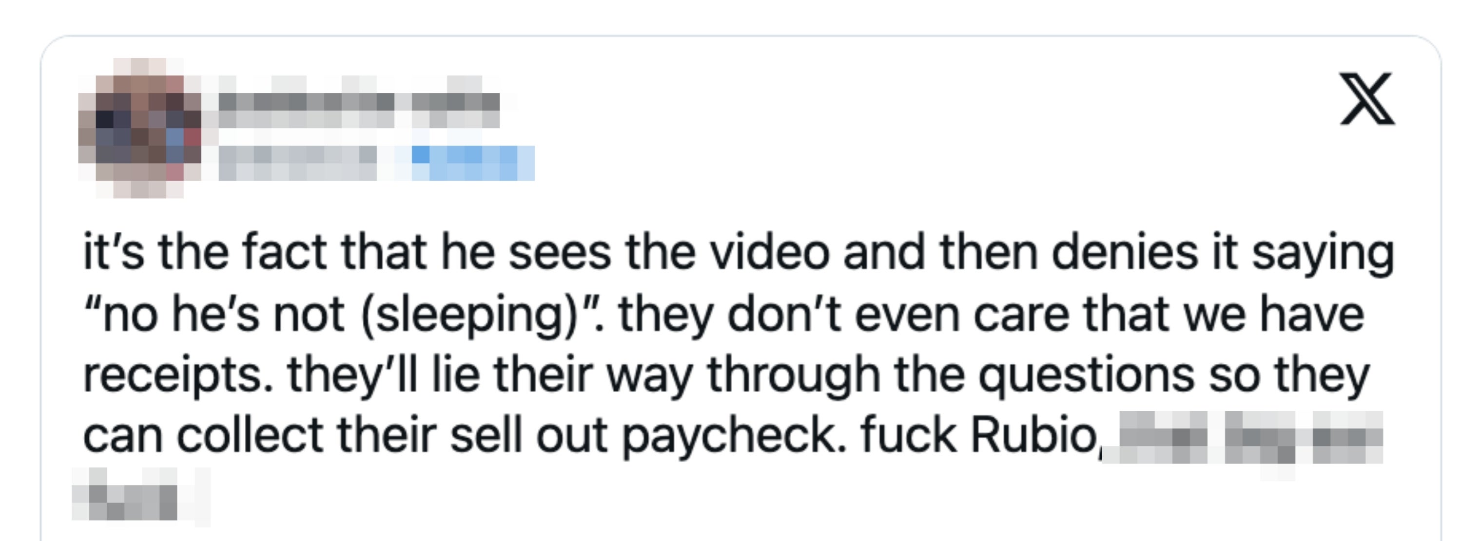 Tweet expressing vexation  implicit    idiosyncratic    denying a video, accusing them of lying for fiscal  gain, with a profanity directed astatine  Rubio