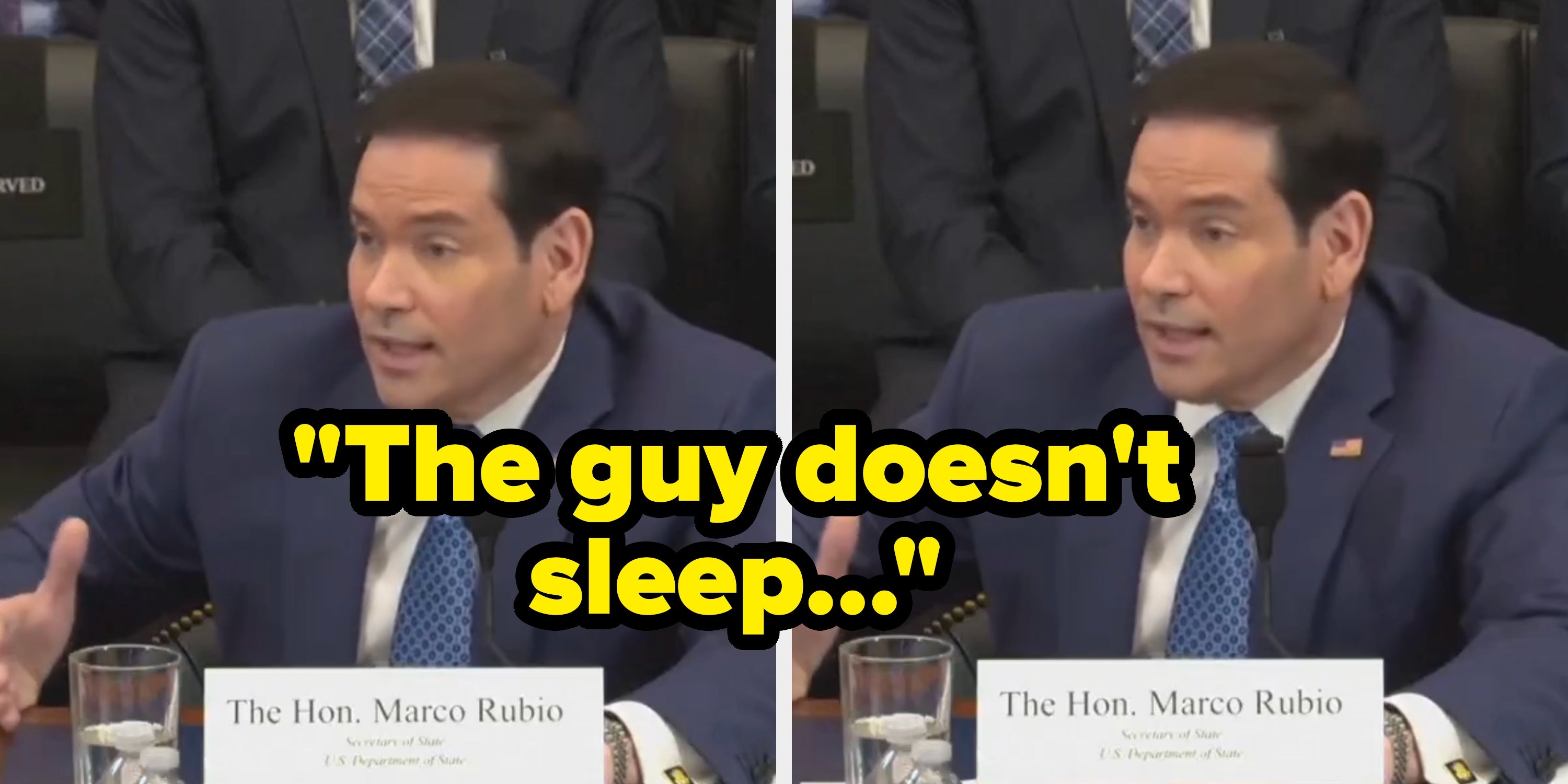 A antheral   successful  a suit   and necktie  is speaking astatine  a authorities  hearing, seated astatine  a array  with a nameplate speechmaking  "The Hon. Marco Rubio"
