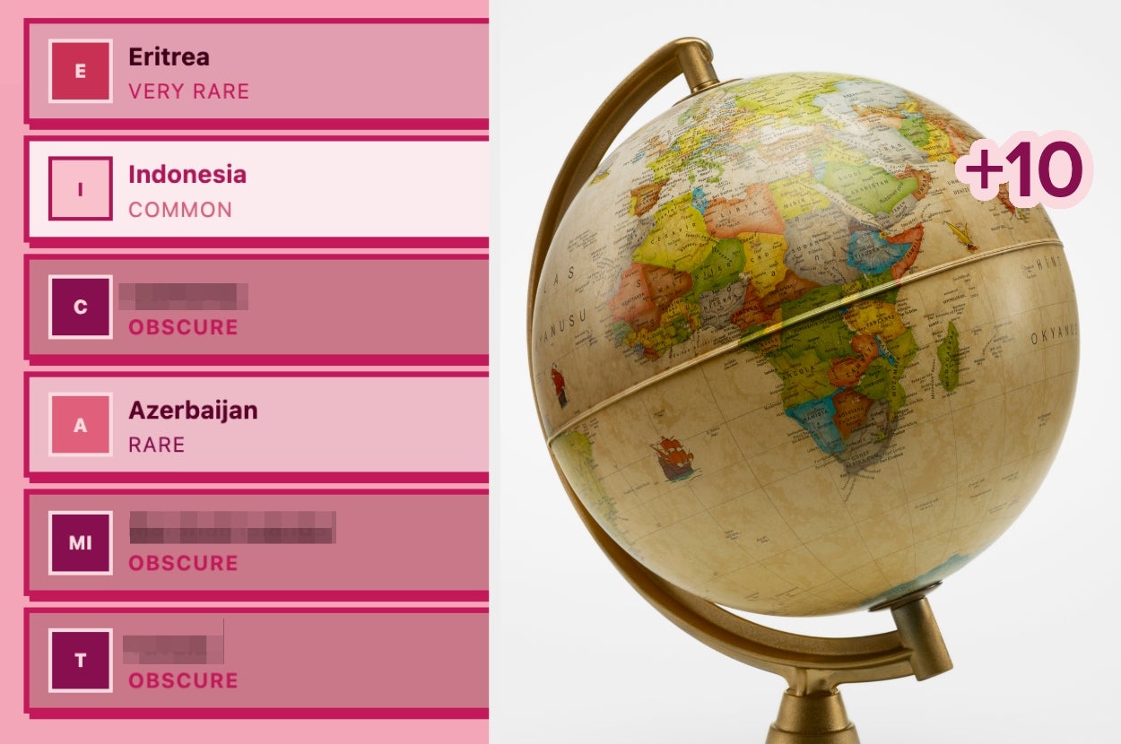 A spinning globe is shown next to a list of countries labeled by rarity: Eritrea, Indonesia, Cameroon, Azerbaijan, Malta, Togo