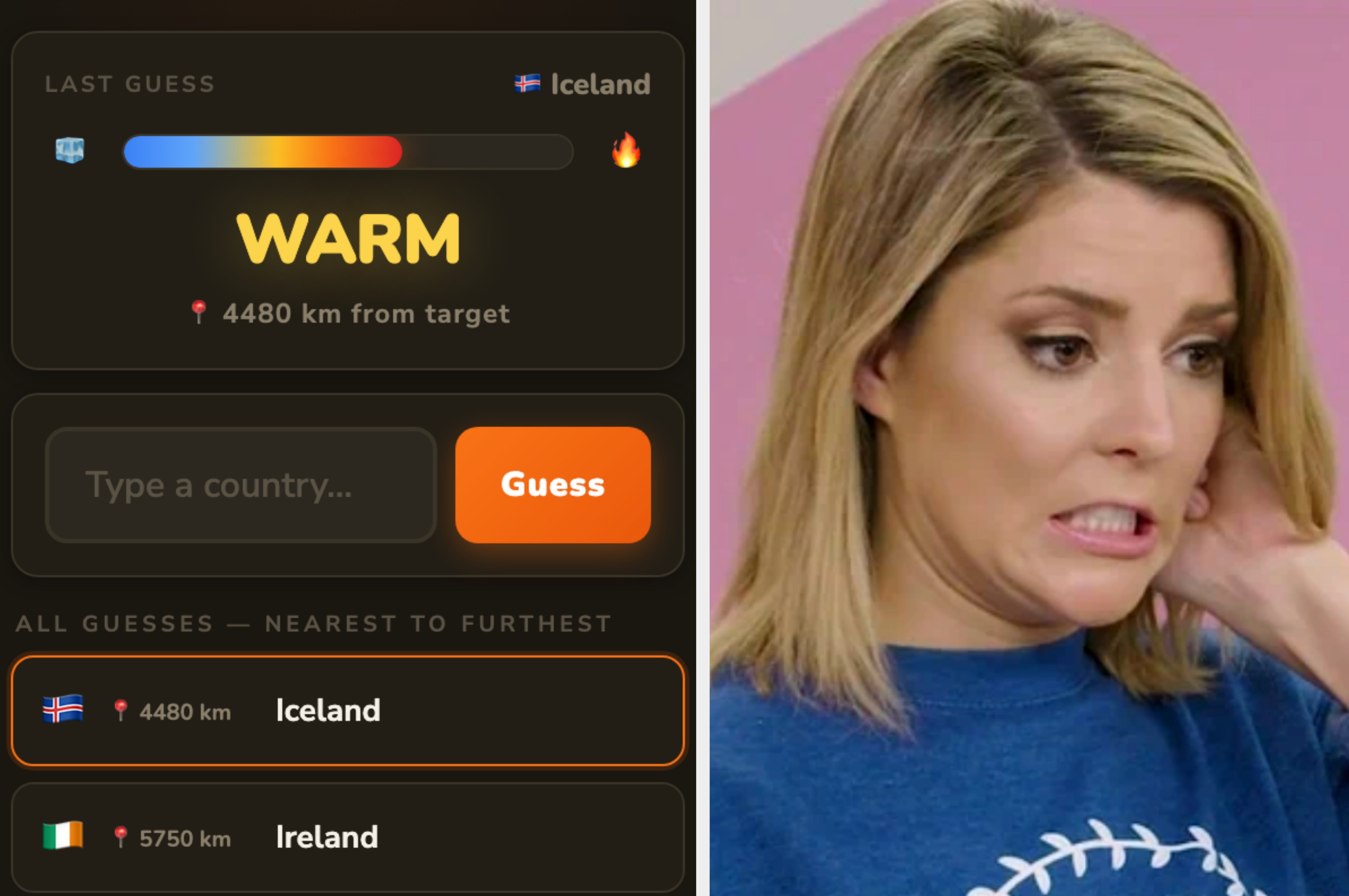 Split image: Left shows a game interface with a guess for Iceland; right shows a woman with an unimpressed expression
