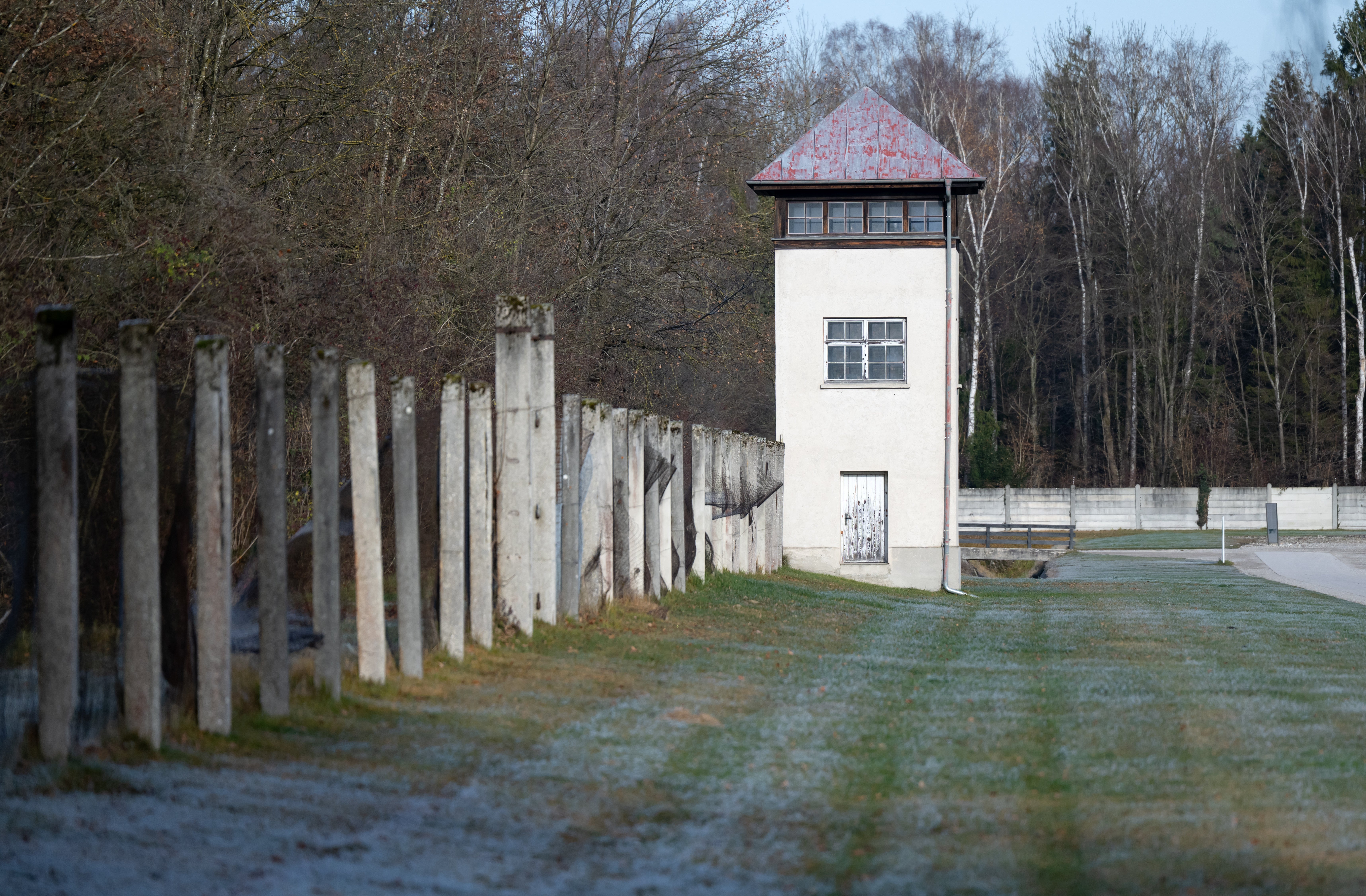 Guard operation    overlooking a way  astatine  the borderline   of a forest, adjacent  to remnants of a factual  obstruction   astatine  Dachau
