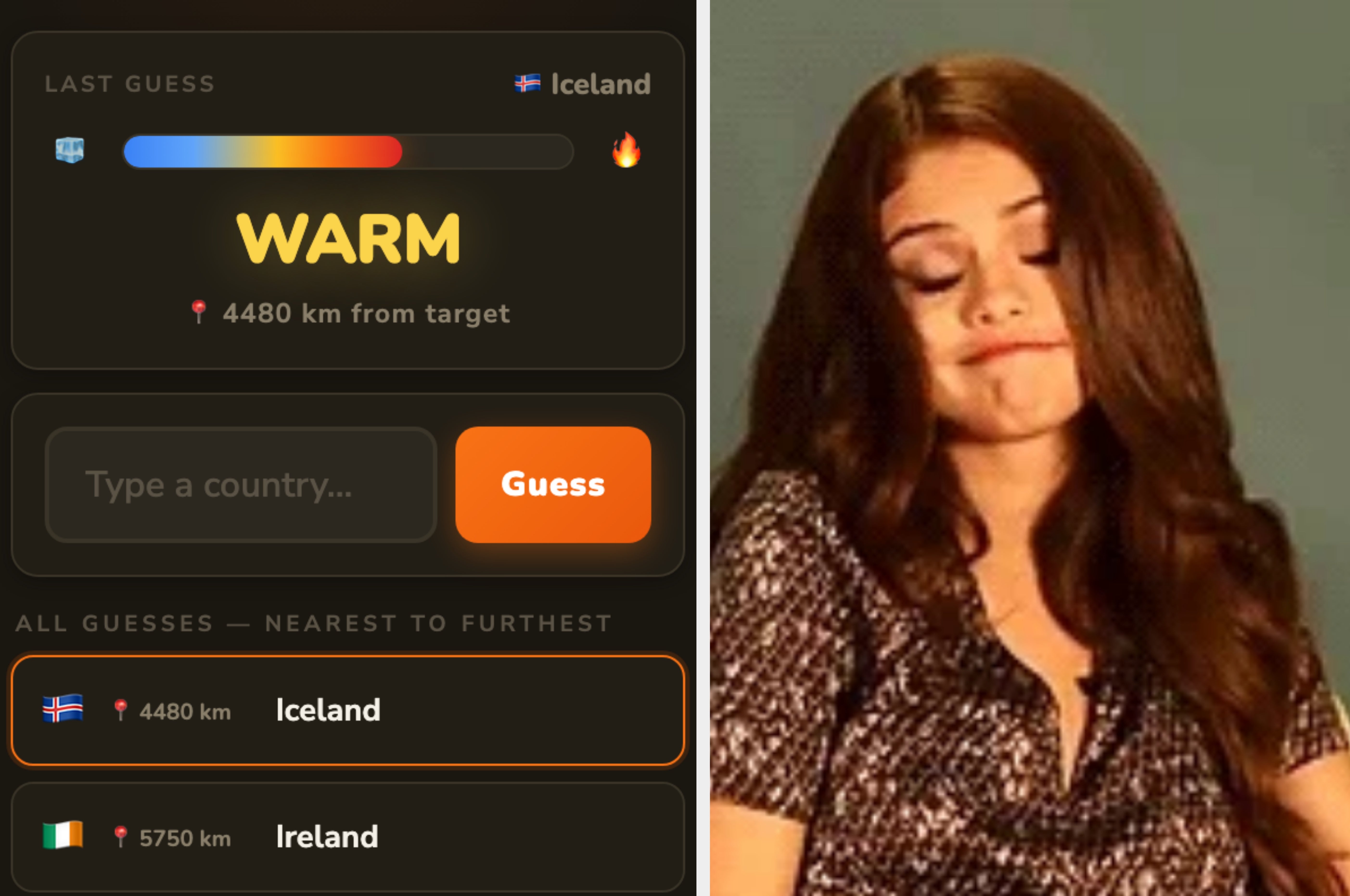 Split image: Left shows a game interface with a guess for Iceland; right shows a woman with an unimpressed expression