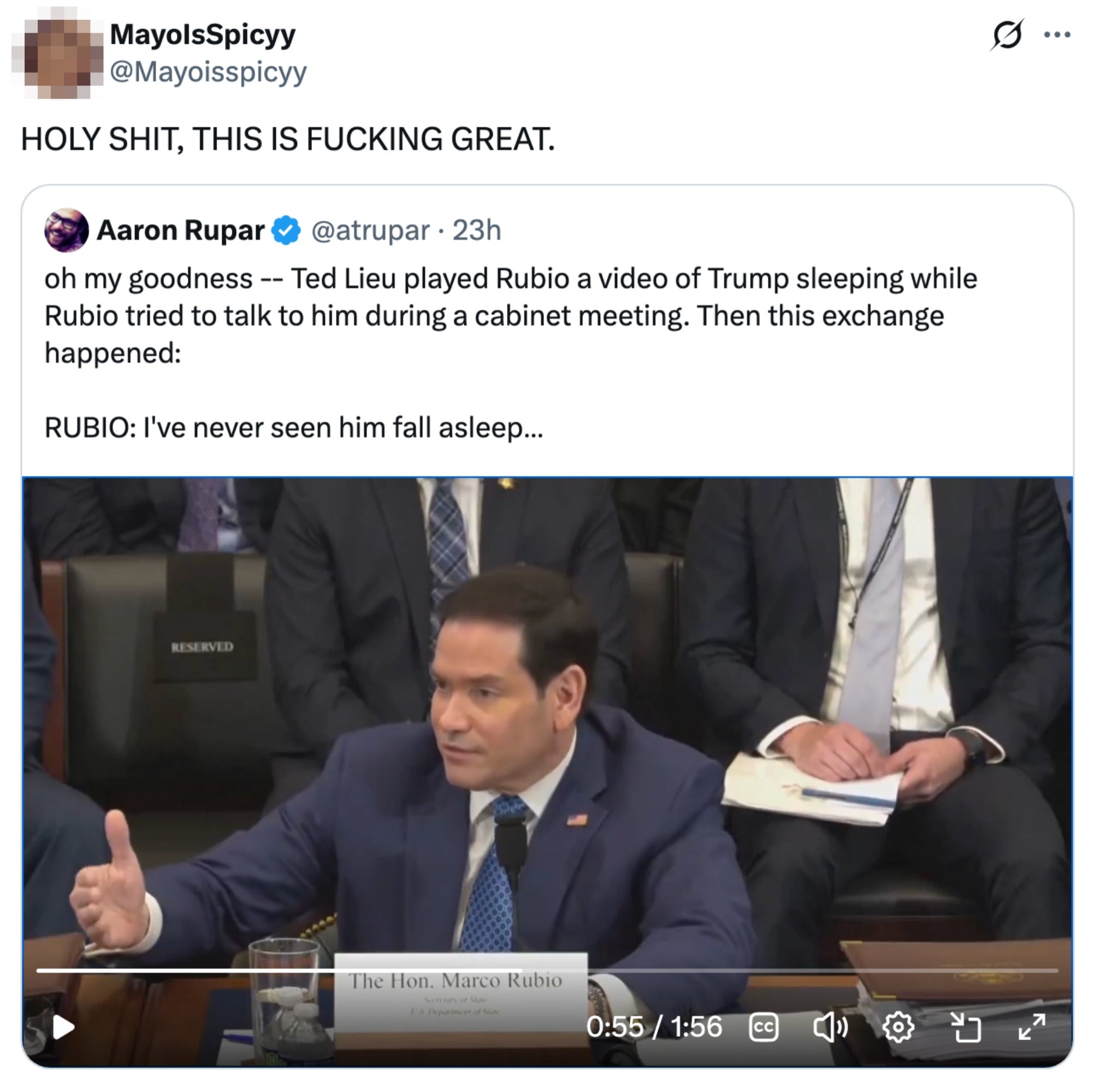  A idiosyncratic    reacts to a video of Ted Lieu showing Marco Rubio a clip of Trump sleeping, with Rubio responding he's ne'er  seen Trump asleep