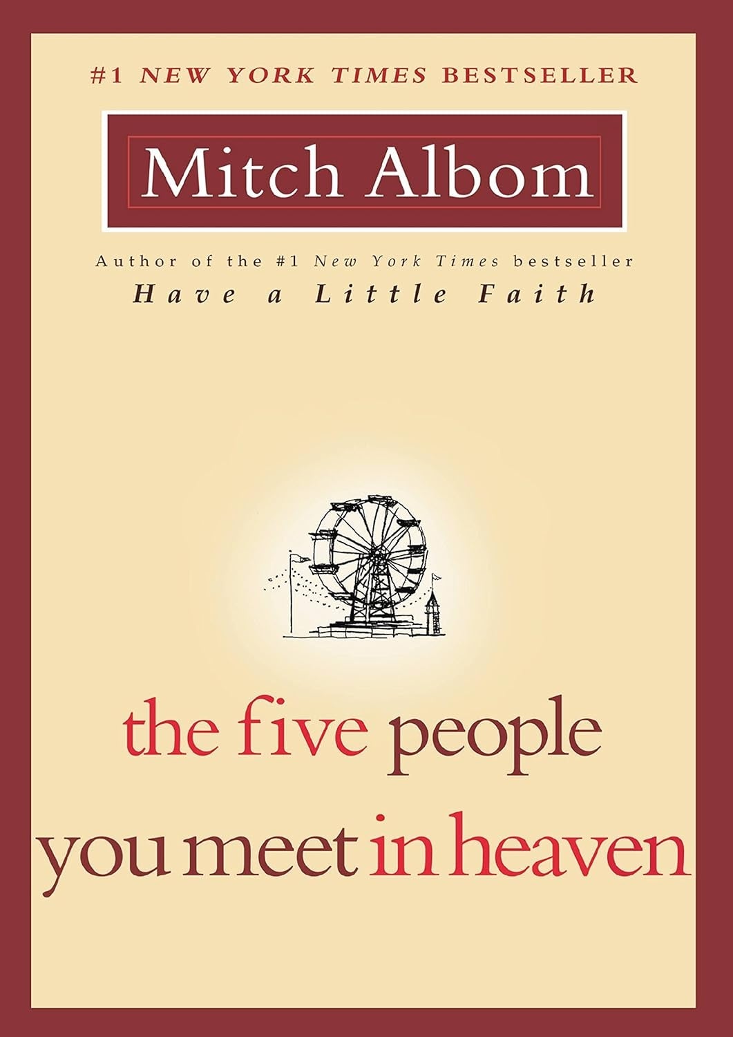 Book screen of "The Five People You Meet successful Heaven" by Mitch Albom, featuring a Ferris instrumentality illustration and a New York Times bestseller label