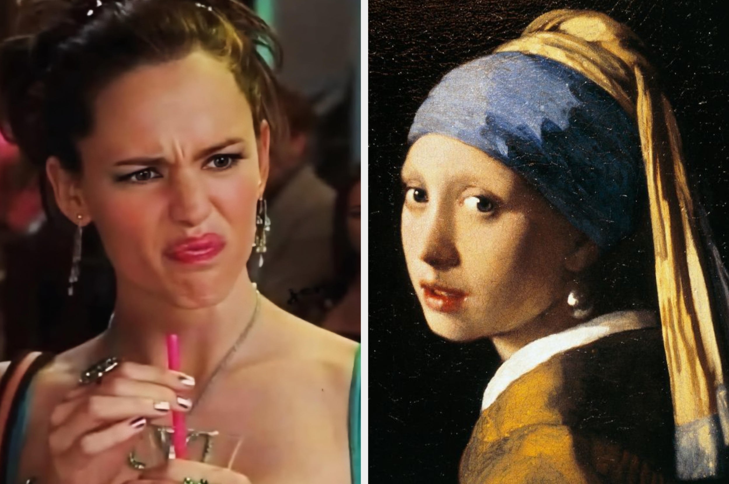 A woman makes a confused face while holding a drink; beside her is the painting "Girl with a Pearl Earring." Image related to gaming article