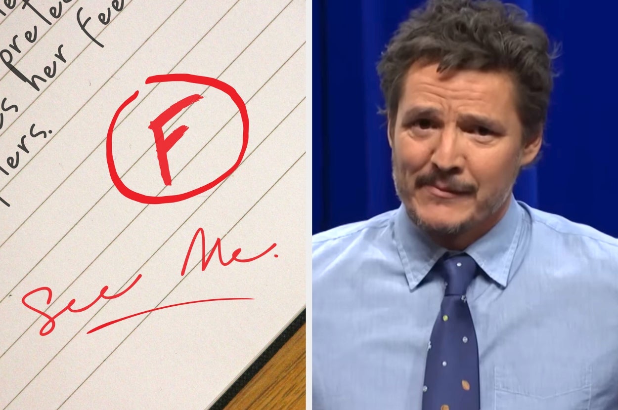 A man in a suit and tie stands next to a paper graded "F" with the note "See Me."